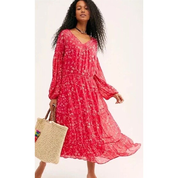 Free People Dresses & Skirts - $148 Free People Raspberry Pink Wallflower Midi V-Neck Long Sleeve Dress Sz S XS